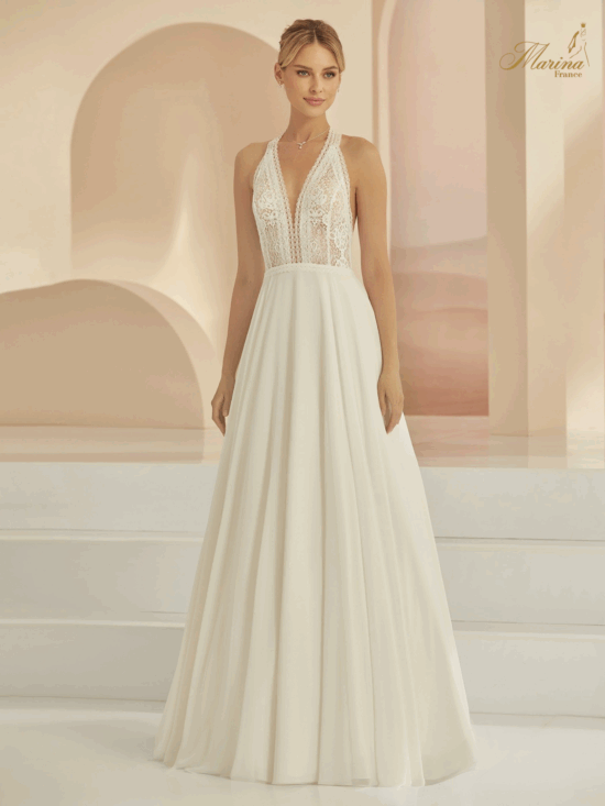 Robe dentelle et bas en crêpe et dos croisé avec dentelle