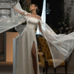 ROBE BUSTIER SATIN AVEC FENTE ET HAUT EN TULLE AVEC DENTELLE A FLEURS