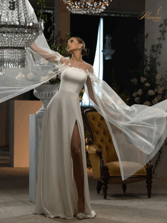 ROBE BUSTIER SATIN AVEC FENTE ET HAUT EN TULLE AVEC DENTELLE A FLEURS