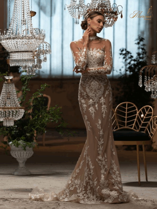 Robe dentelle sirène avec manches et dos transparent en tulle