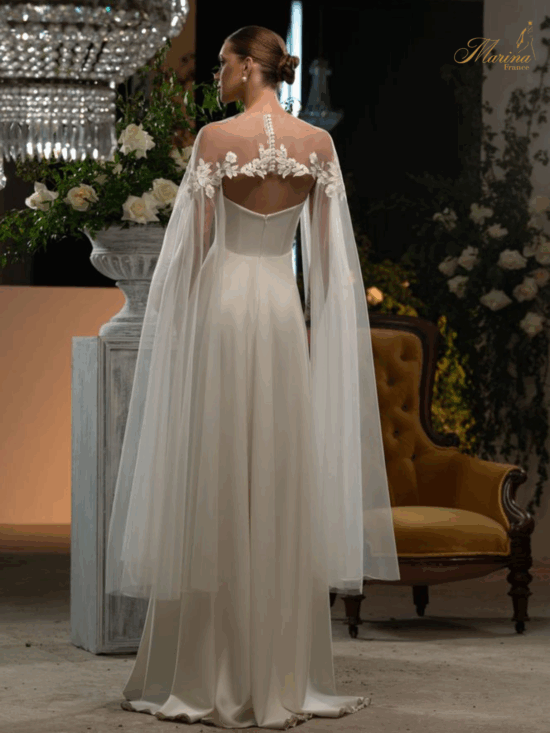 ROBE BUSTIER SATIN AVEC FENTE ET HAUT EN TULLE AVEC DENTELLE A FLEURS